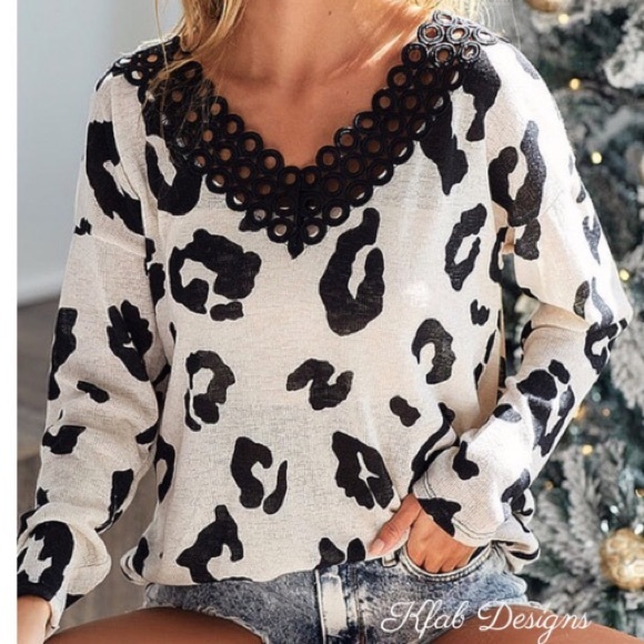 Leopard print top with black lace trim at neck.  NWOT - Picture 6 of 11